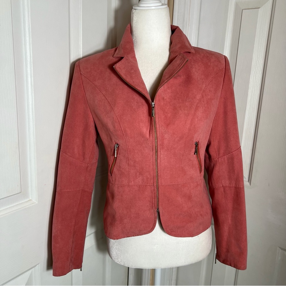 Conrad C Petite Faux Suede Zip Front Jacket Coral Pink Moto Style Size 2